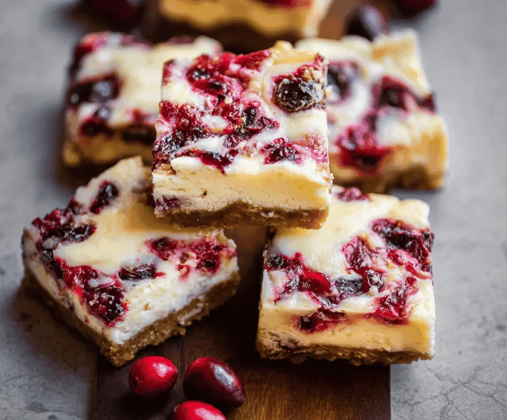 Delicious cranberry cheesecake bars with a graham cracker crust topped with fresh cranberries and creamy cheesecake filling, perfect for dessert or holiday treats.