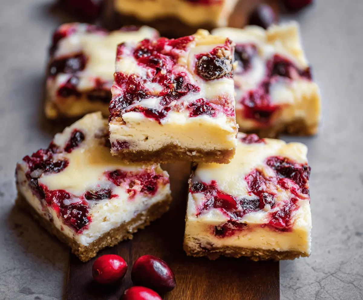 Delicious cranberry cheesecake bars with a graham cracker crust topped with fresh cranberries and creamy cheesecake filling, perfect for dessert or holiday treats.