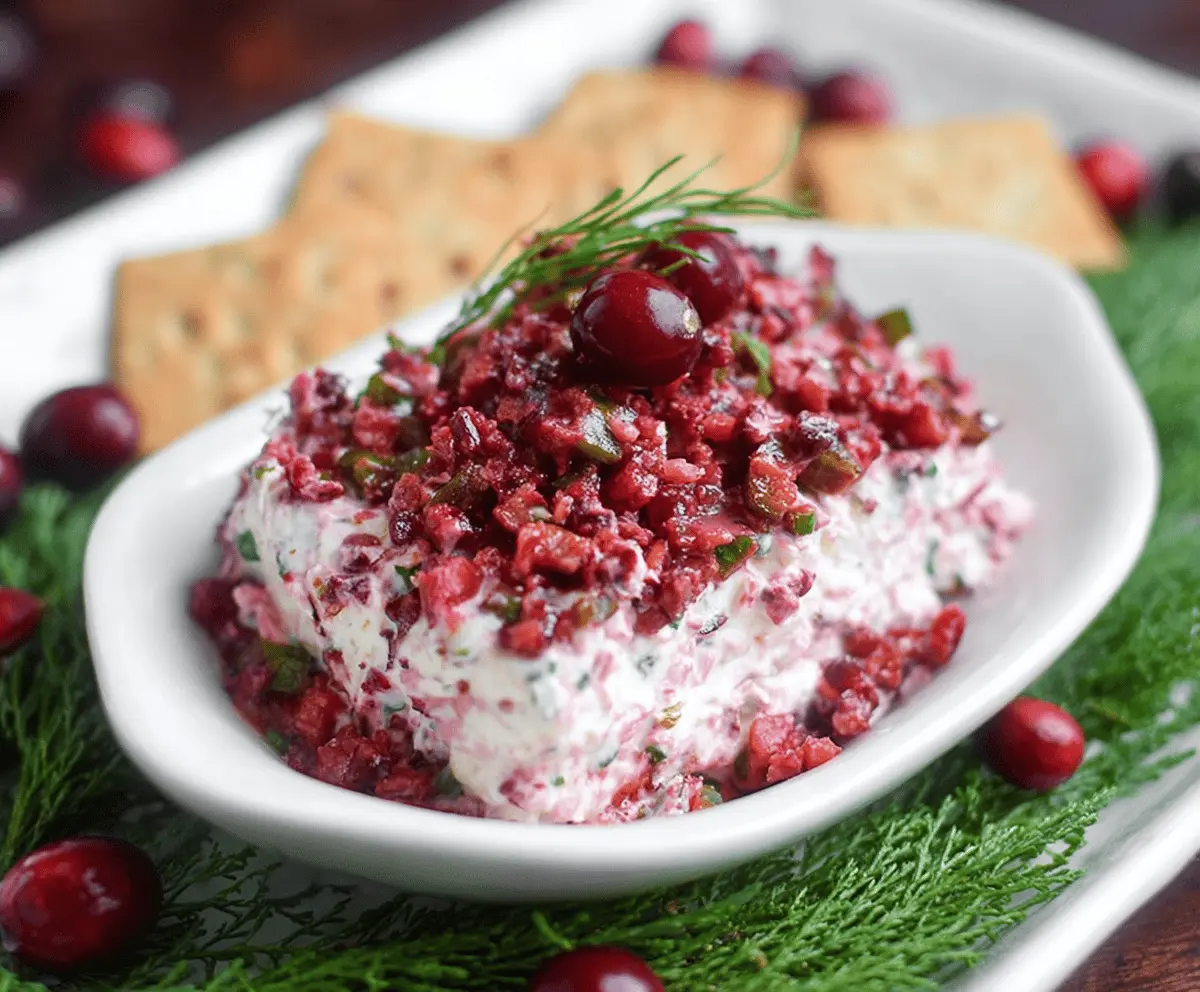 Spicy cranberry jalapeño dip served with fresh vegetables and chips, vibrant red and green colors.