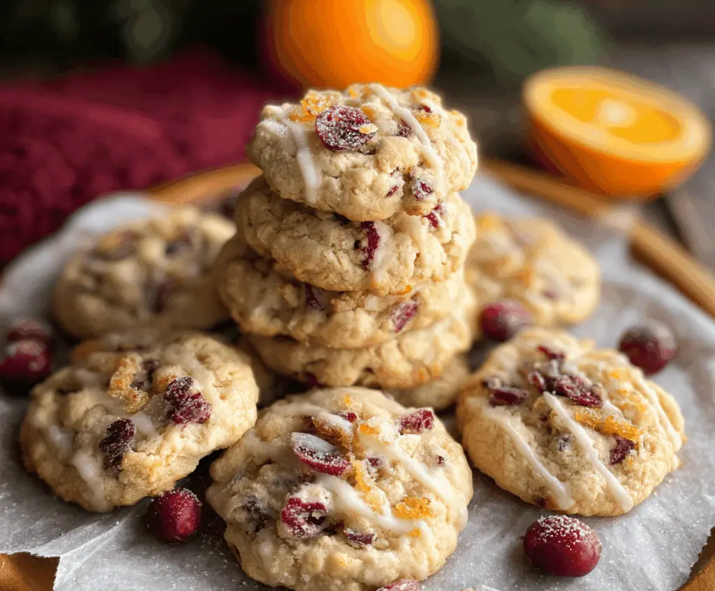 Freshly baked cranberry orange cookies with orange zest and dried cranberries on a rustic plate, perfect for a sweet holiday treat.