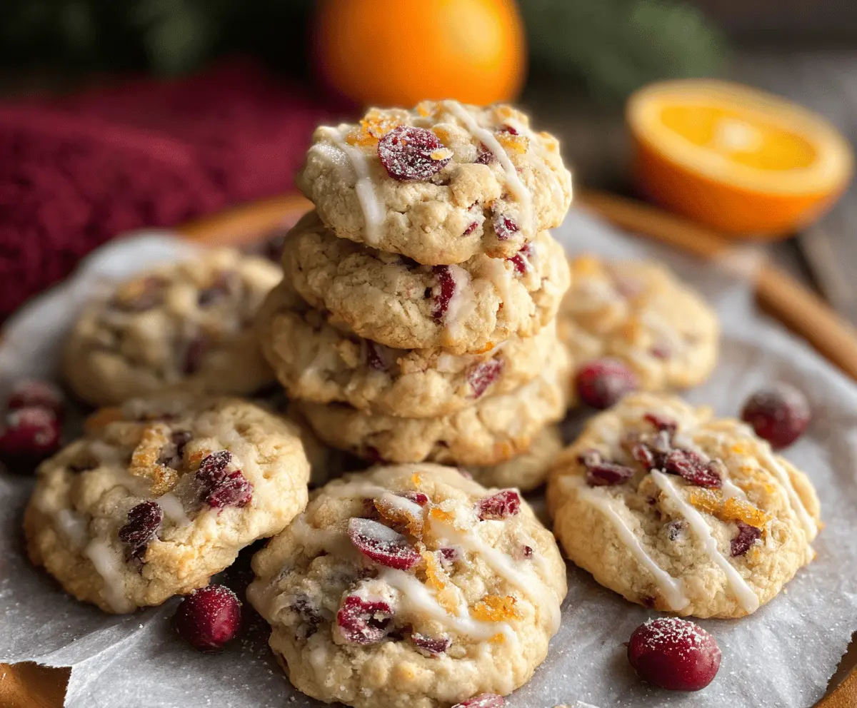 Freshly baked cranberry orange cookies with orange zest and dried cranberries on a rustic plate, perfect for a sweet holiday treat.