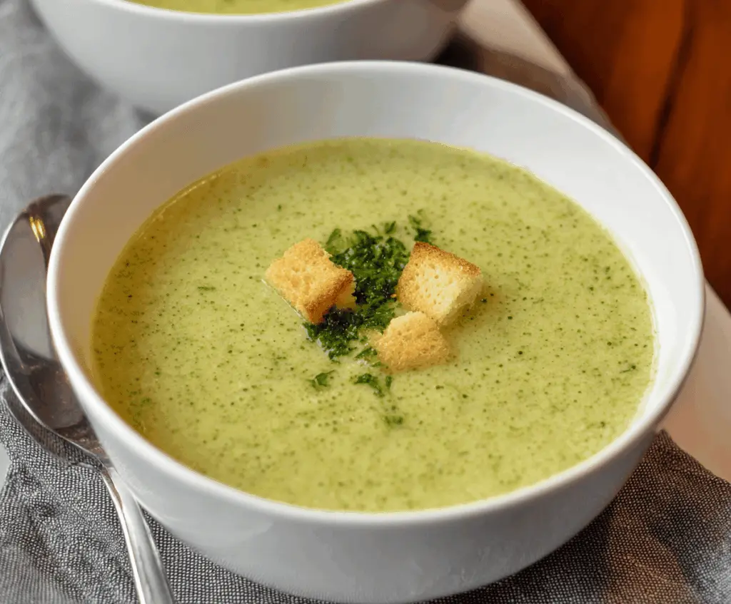 Cream of Broccoli Soup served in a bowl with fresh broccoli florets and a sprinkle of shredded cheese, perfect for a warm, comforting meal.