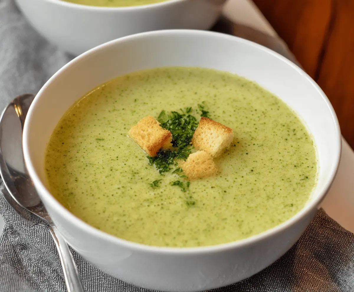 Cream of Broccoli Soup served in a bowl with fresh broccoli florets and a sprinkle of shredded cheese, perfect for a warm, comforting meal.