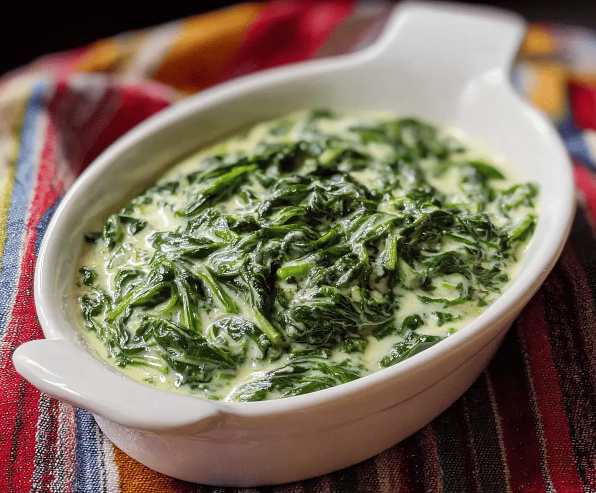 Creamed spinach in a white bowl, topped with grated cheese, served as a delicious side dish.