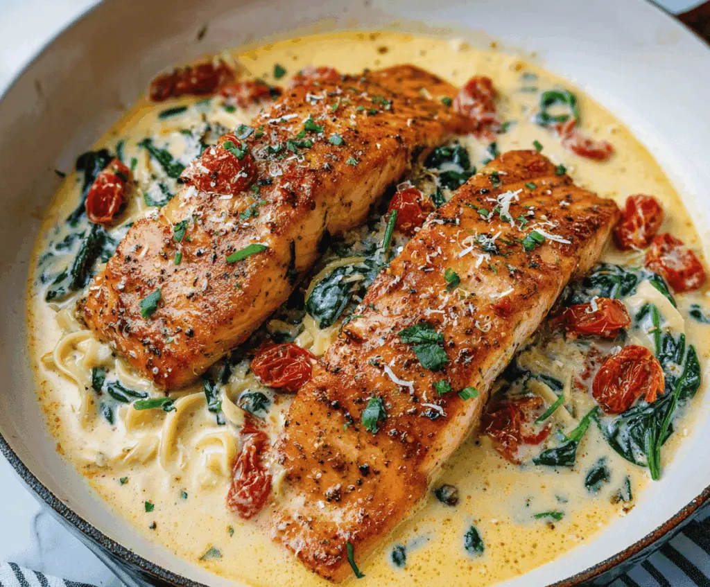 Creamy Garlic Tuscan Salmon served with spinach and sun-dried tomatoes on a white plate