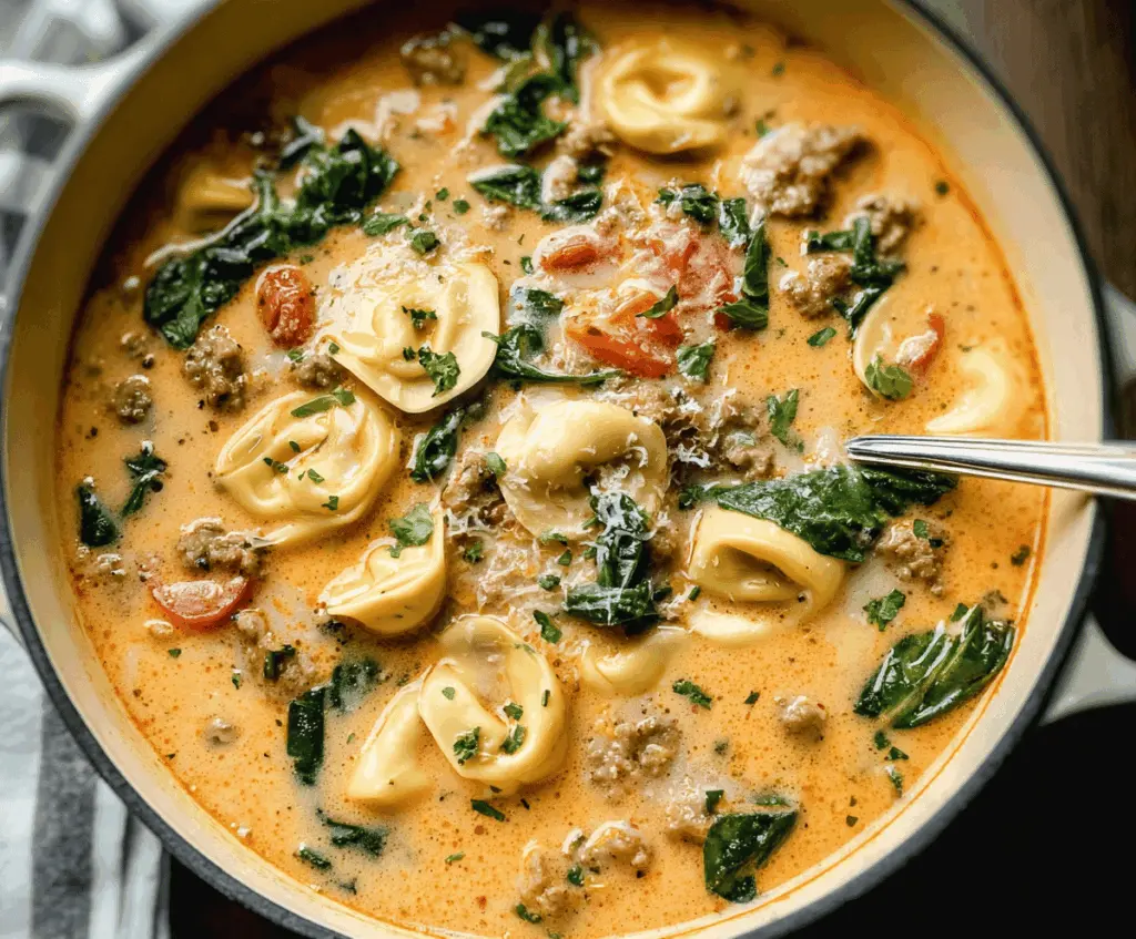 Creamy sausage tortellini soup in a bowl topped with fresh herbs and grated cheese, featuring sliced sausage, tender tortellini, and colorful vegetables in a rich, creamy broth.
