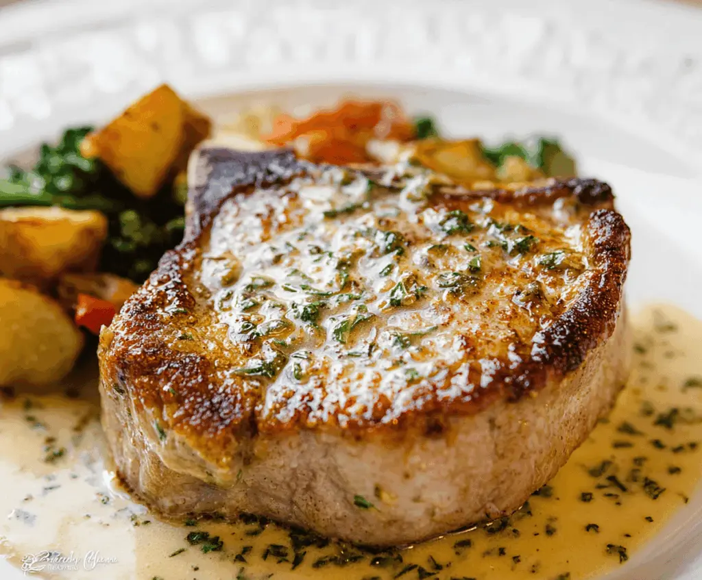 Juicy Dijon Pork Chops served with fresh herbs and vegetables on a rustic plate, perfect for a flavorful dinner