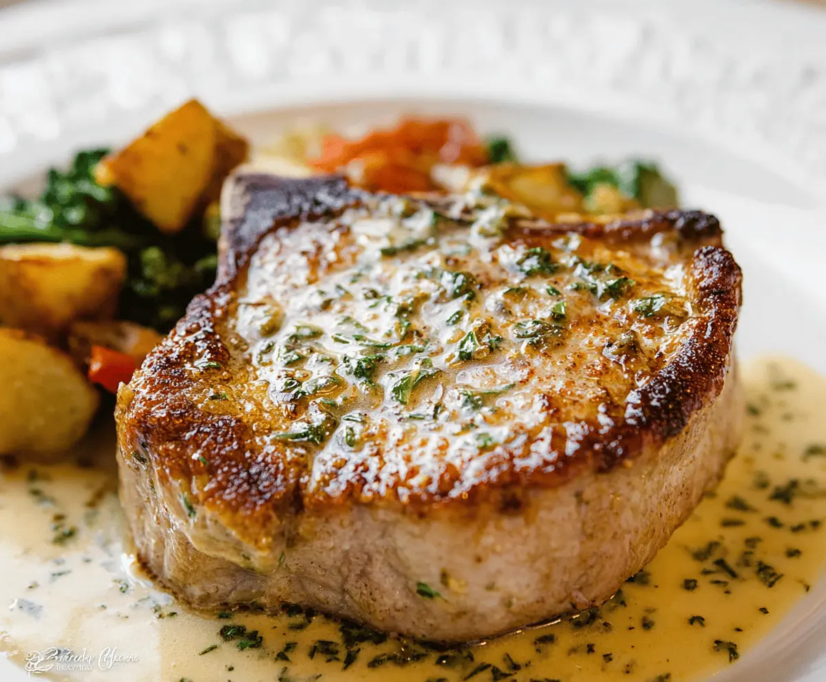 Juicy Dijon Pork Chops served with fresh herbs and vegetables on a rustic plate, perfect for a flavorful dinner