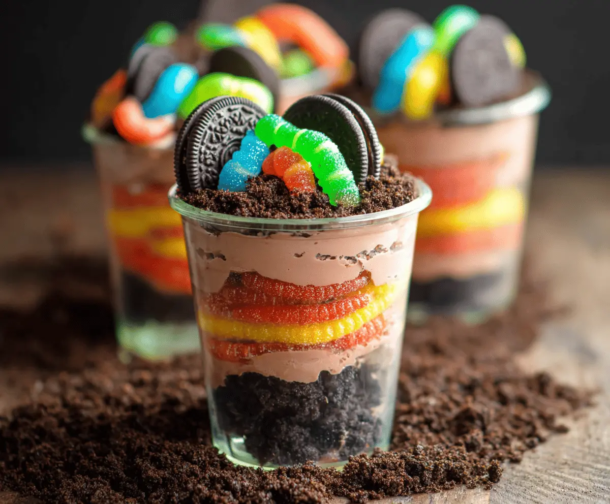 Delicious dirt cups dessert topped with gummy worms, perfect for kids' parties and sweet treats