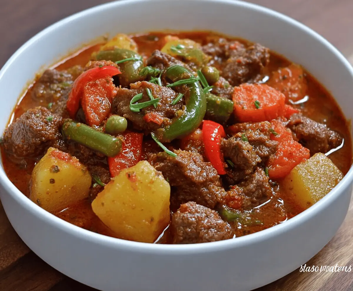 Delicious Filipino Beef Caldereta served with rice, featuring tender beef stew in savory tomato sauce with vegetables and olives