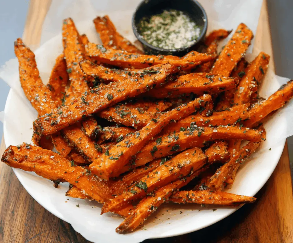 Golden garlic sweet potato fries served with fresh herbs on a rustic wooden plate, perfect for a healthy snack or side dish.