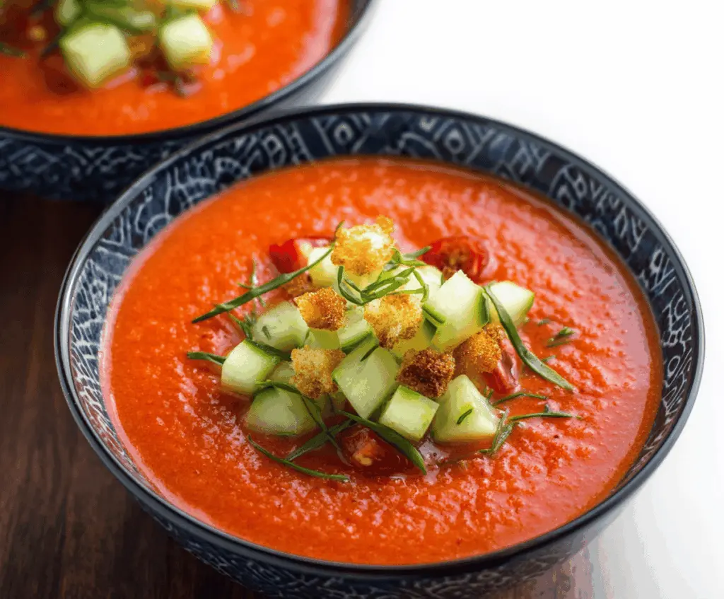Refreshing homemade gazpacho served in a bowl with fresh vegetables and herbs, perfect for a cool summer appetizer.