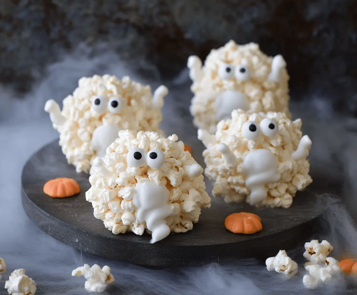Delicious ghost-shaped popcorn balls decorated for Halloween, perfect spooky treats for parties and celebrations
