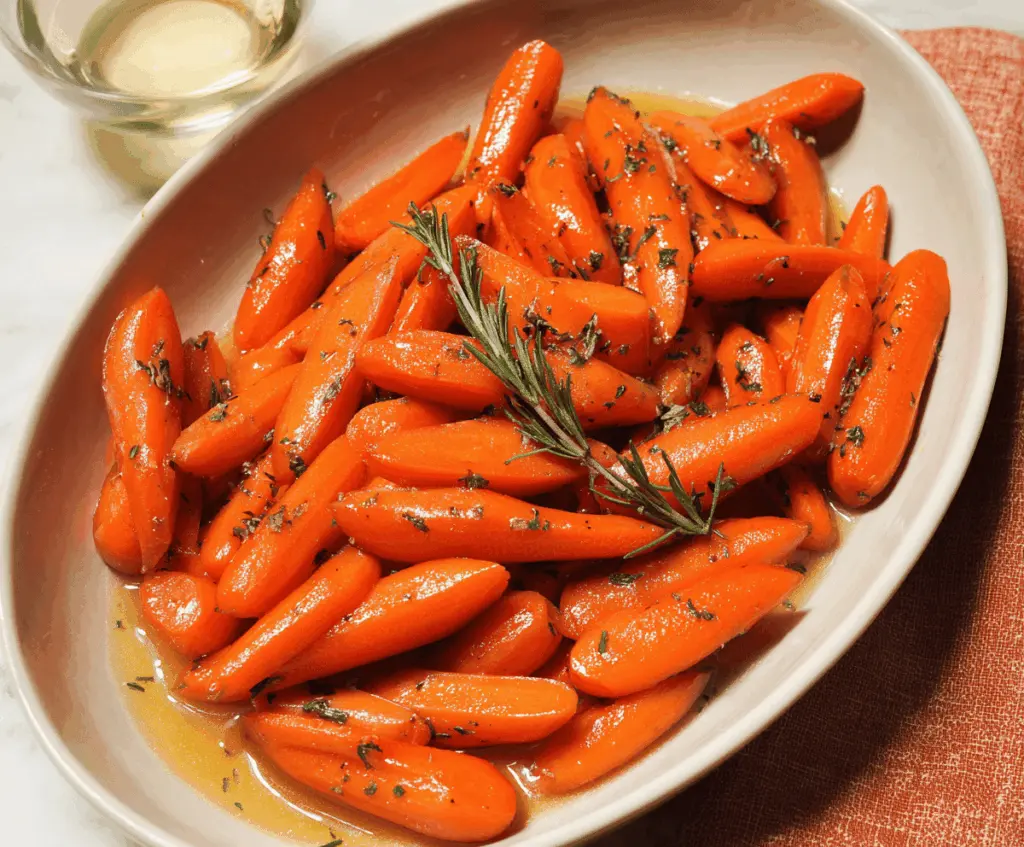 Delicious glazed carrots served on a white plate, garnished with fresh herbs for a healthy side dish.