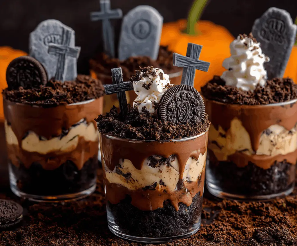 Chocolate pudding "dirt cups" topped with crushed cookies, gummy worms, and spooky decorations for a Halloween treat.