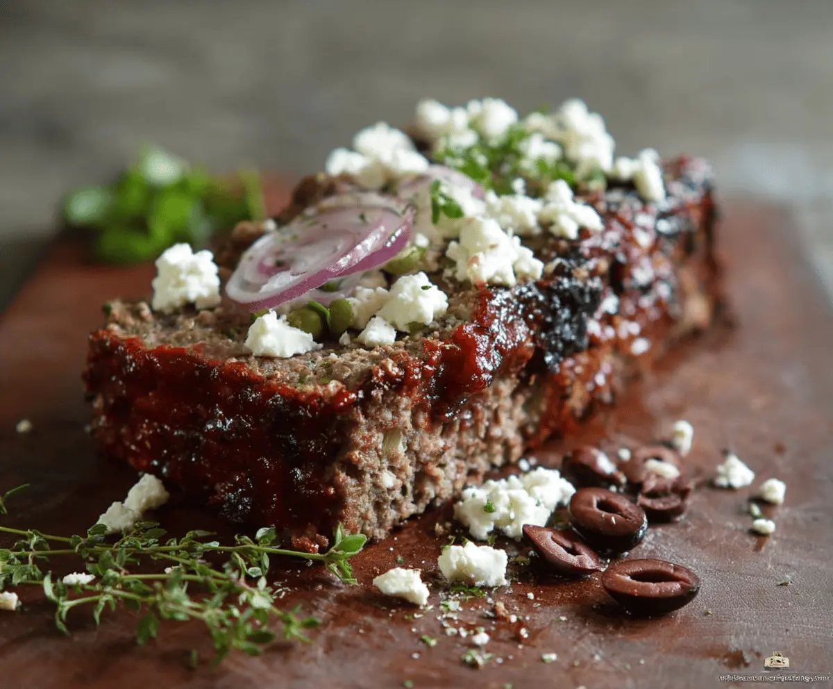 Delicious homemade Greek meatloaf garnished with fresh herbs on a rustic plate, served with lemon wedges and Mediterranean sides