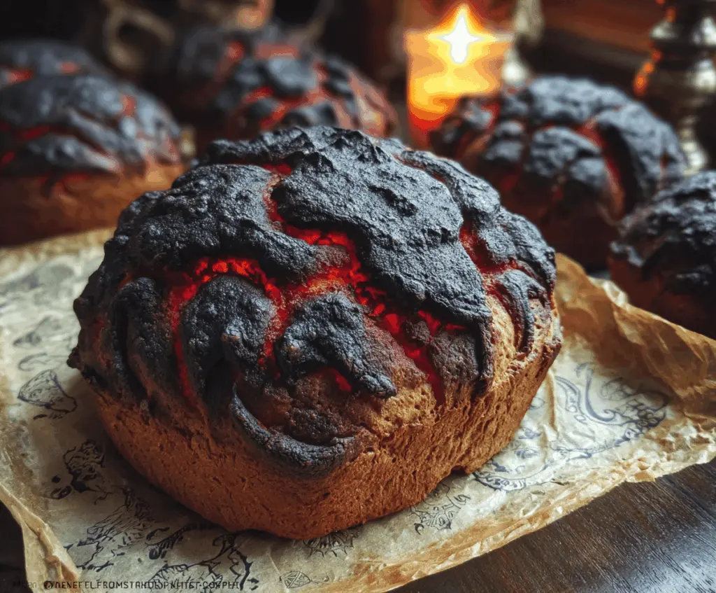 Spooky Halloween Brimstone Bread with fiery red and black swirl design, perfect for Halloween parties and themed celebrations.