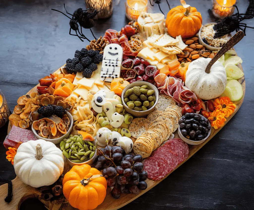 Colorful Halloween-themed charcuterie board featuring spooky-shaped cheeses, creepy candies, and festive garnishes for a spooky celebration.