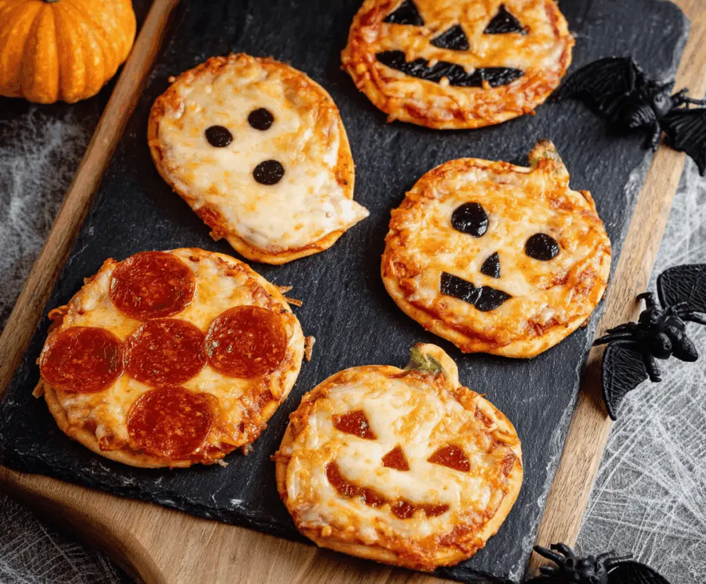 Delicious Halloween mini pizzas topped with colorful vegetables and spooky designs on a festive platter