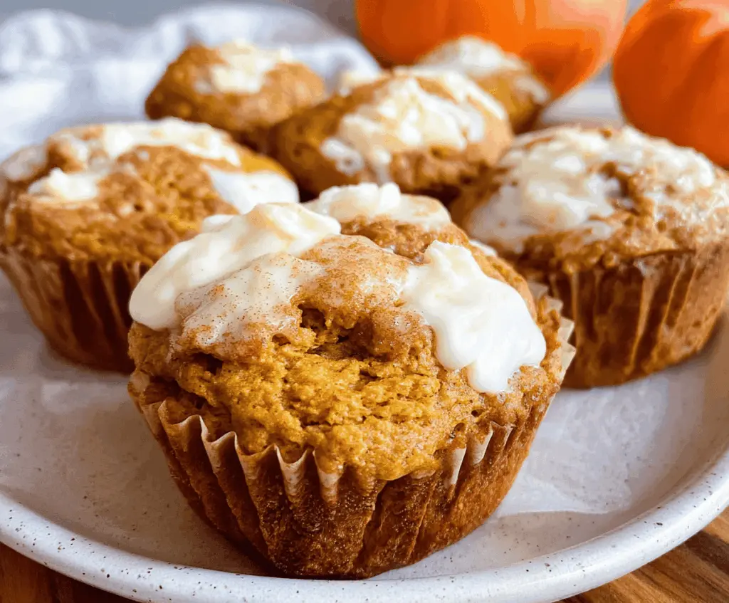 Freshly baked healthy pumpkin cream cheese muffins topped with a sprinkle of cinnamon, perfect for a nutritious breakfast or snack.