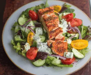Fresh and healthy salmon salad with mixed greens, cherry tomatoes, cucumbers, and a light vinaigrette in a white bowl.
