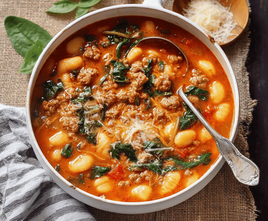 A steaming bowl of Hearty Sausage Gnocchi Soup featuring tender sausage, soft gnocchi, fresh vegetables, and aromatic herbs in a flavorful broth.