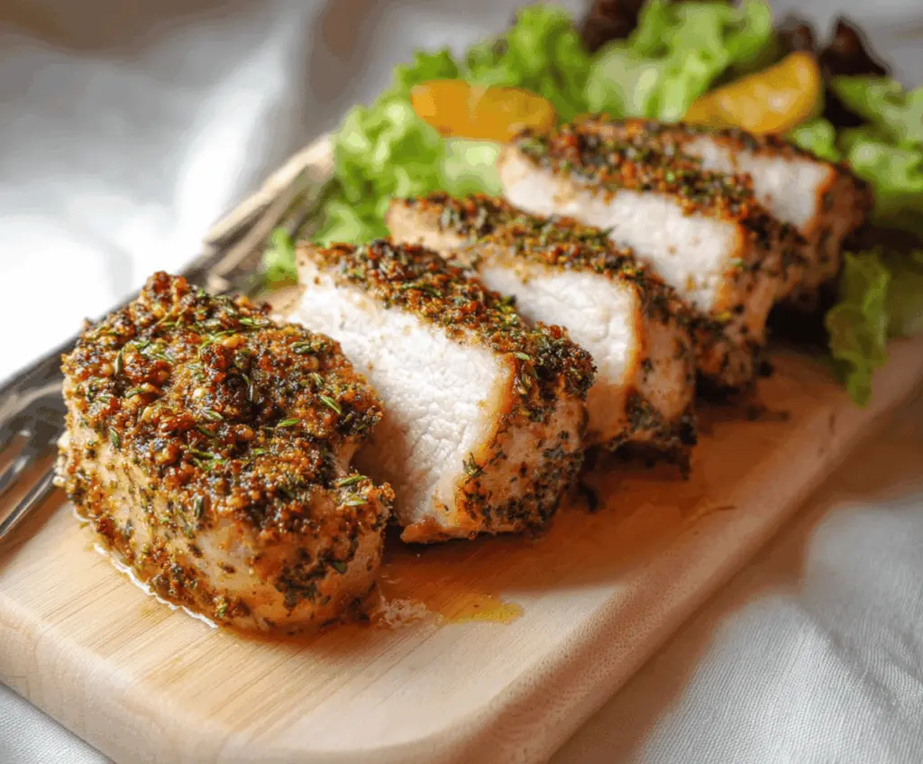 Juicy herb crusted pork chops garnished with fresh herbs on a rustic wooden plate, perfect for a flavorful dinner meal.