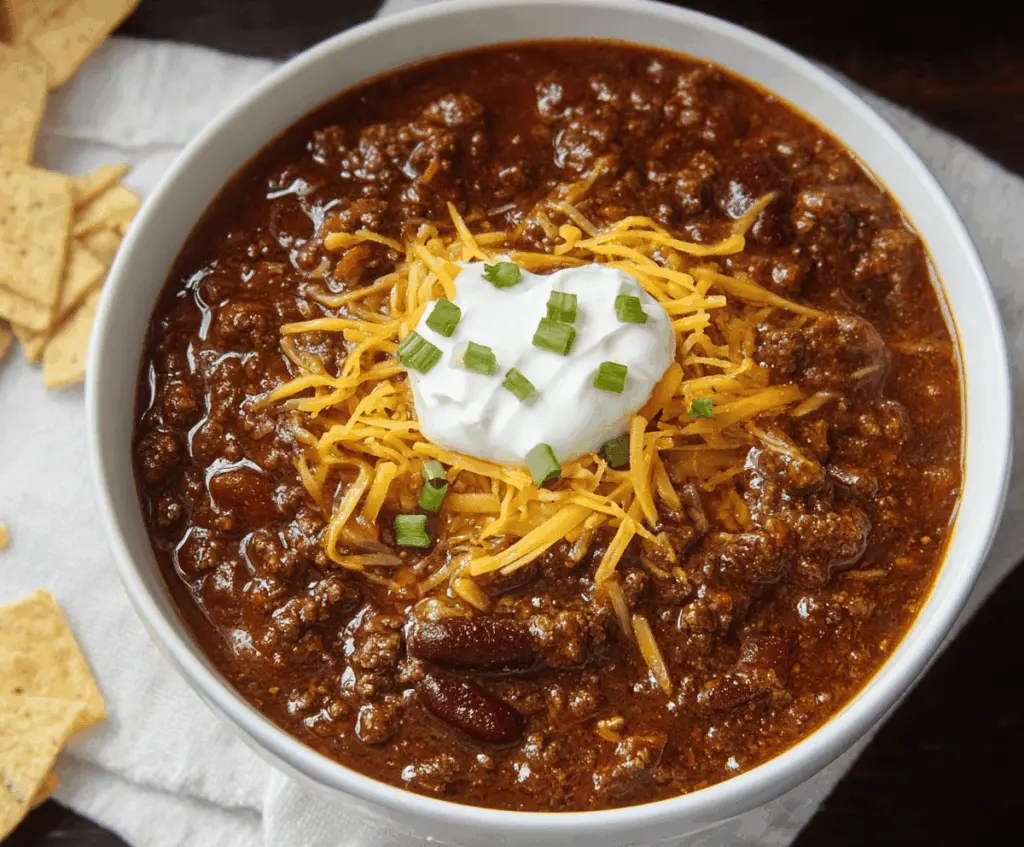 A steaming bowl of homemade chili topped with shredded cheese and fresh cilantro, served in a rustic bowl on a wooden table.