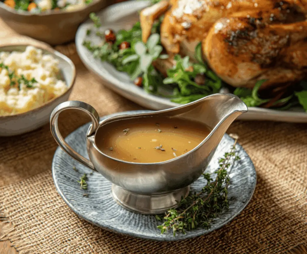 Homestyle Turkey Gravy served in a rustic bowl with fresh herbs, perfect for holiday dinners