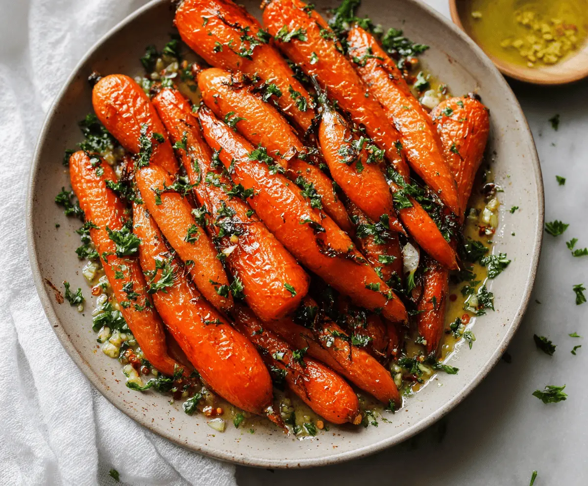 Golden honey glazed roasted carrots garnished with fresh herbs, served as a healthy side dish.