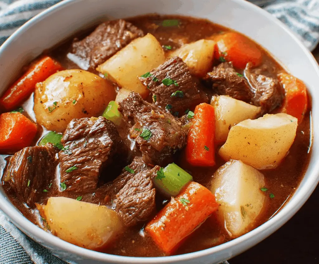 Hearty Irish Beef Stew with tender beef chunks, potatoes, carrots, and herbs served in a rustic bowl.