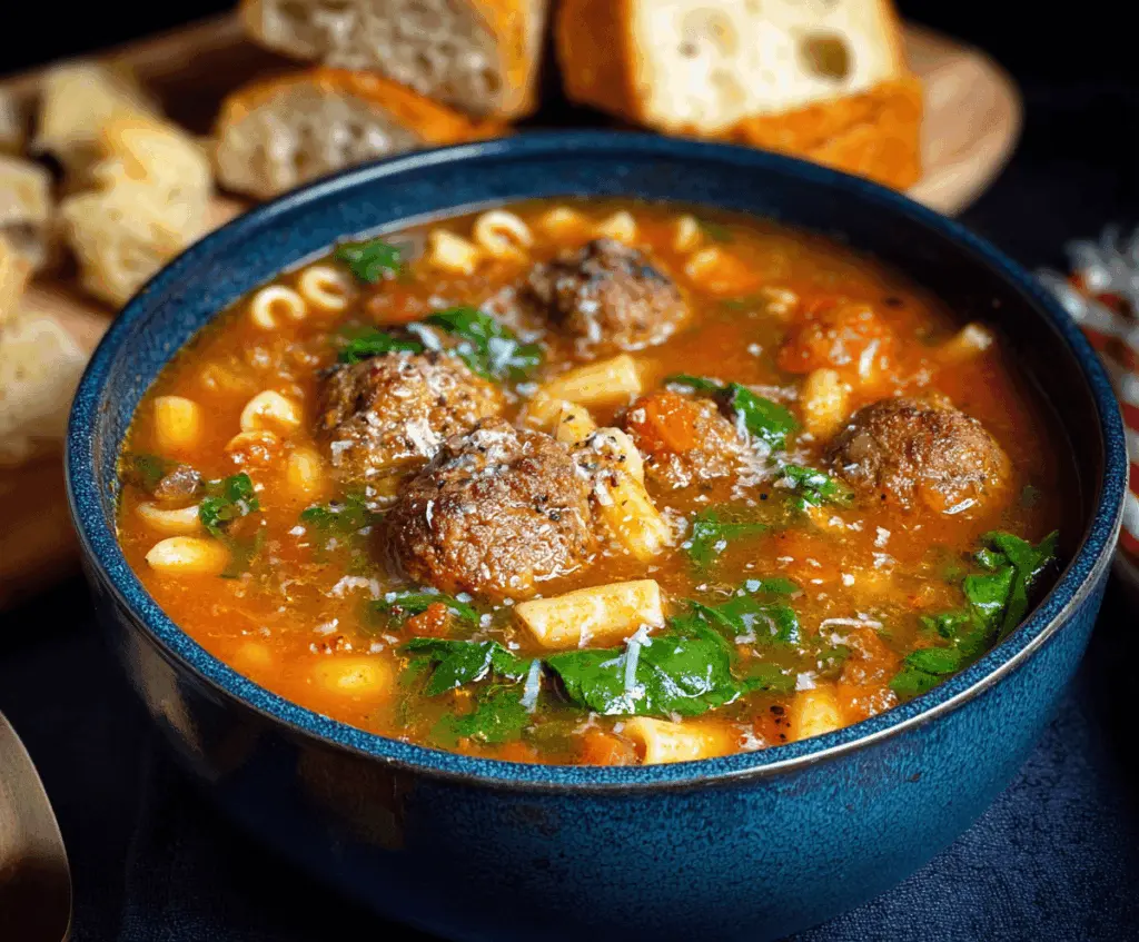 A bowl of hearty Italian Meatball Soup featuring tender meatballs, fresh herbs, vegetables, and melted cheese in a flavorful tomato broth.