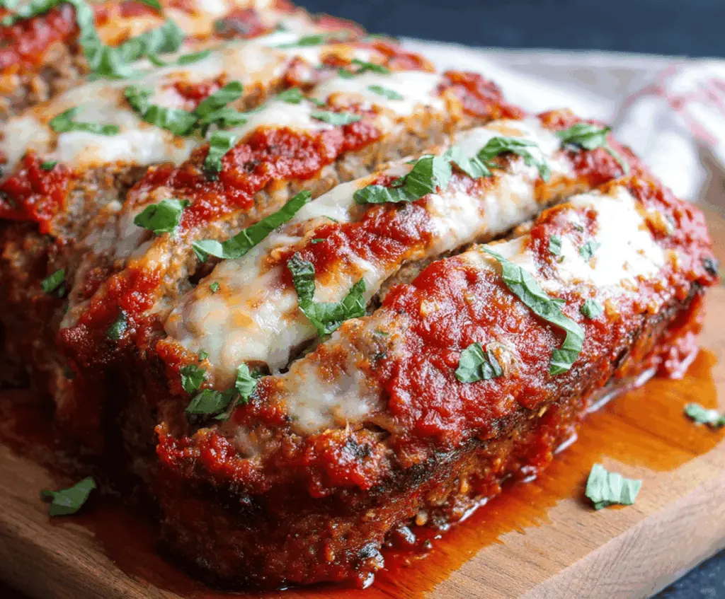 Delicious Italian meatloaf topped with melted cheese and herbs, served with fresh vegetables on a white plate