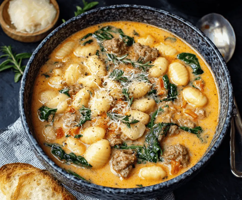 Creamy Italian Sausage Gnocchi Soup with fresh herbs and melted cheese in a bowl, ready to serve.