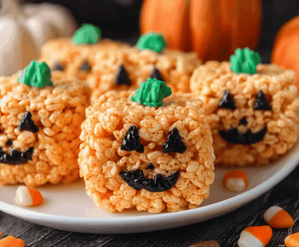 Colorful Jack O' Lantern Rice Krispie Treats decorated with orange and black icing for Halloween fun