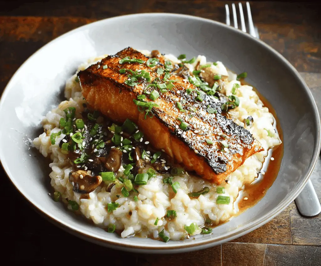 Creamy Japanese-style risotto topped with perfectly seared salmon fillet, garnished with green onions and sesame seeds, served in a stylish bowl.