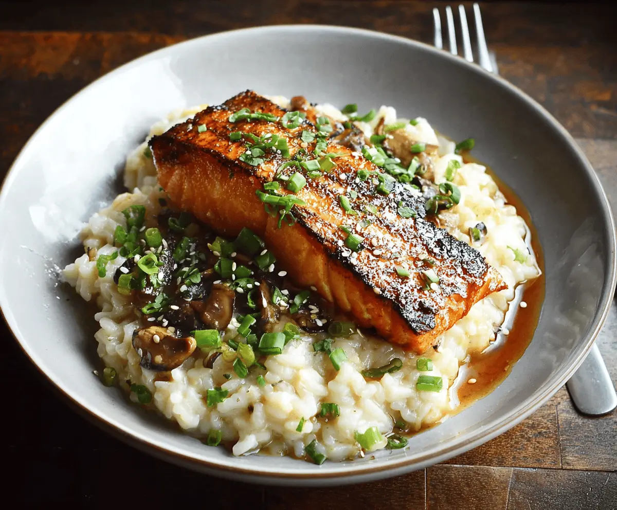 Creamy Japanese-style risotto topped with perfectly seared salmon fillet, garnished with green onions and sesame seeds, served in a stylish bowl.