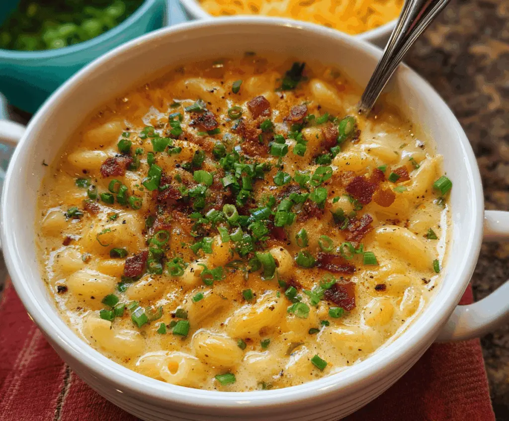 Creamy mac and cheese soup in a bowl topped with shredded cheese and fresh herbs, served with bread on the side.