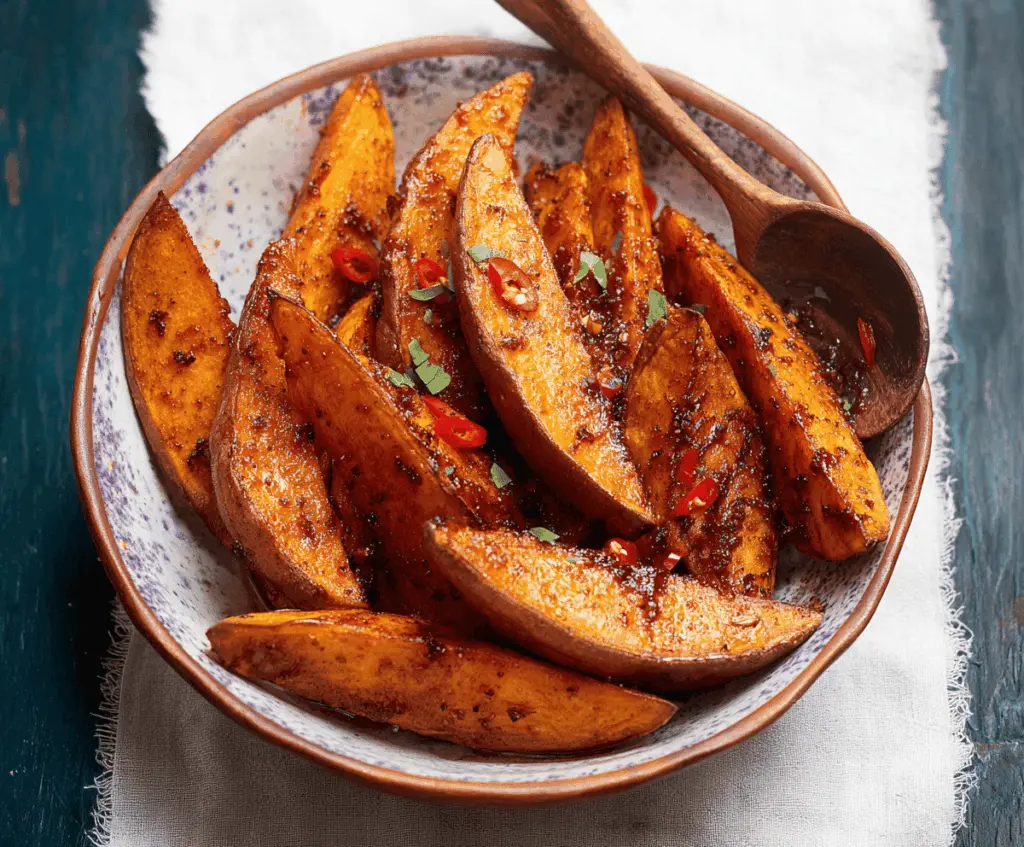 Sweet potato wedges glazed with maple syrup and chili, seasoned and baked to perfection, ready to serve as a flavorful, spicy snack or side dish.