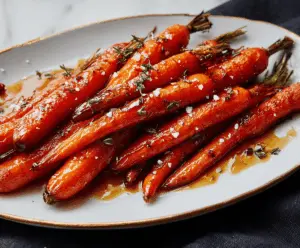 Sweet roasted carrots glazed with maple syrup, garnished with fresh herbs, on a white plate perfect for a delicious Maple Glazed Carrots recipe.