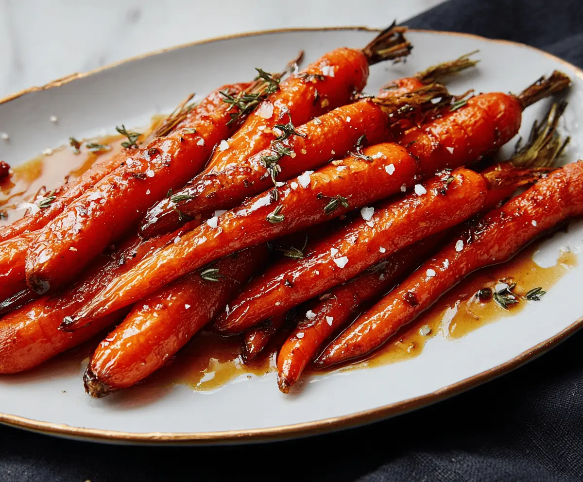 Sweet roasted carrots glazed with maple syrup, garnished with fresh herbs, on a white plate perfect for a delicious Maple Glazed Carrots recipe.