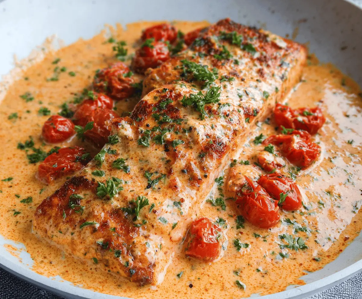 Delicious Marry Me Salmon with creamy tomato herb sauce on a plate, garnished with fresh herbs.