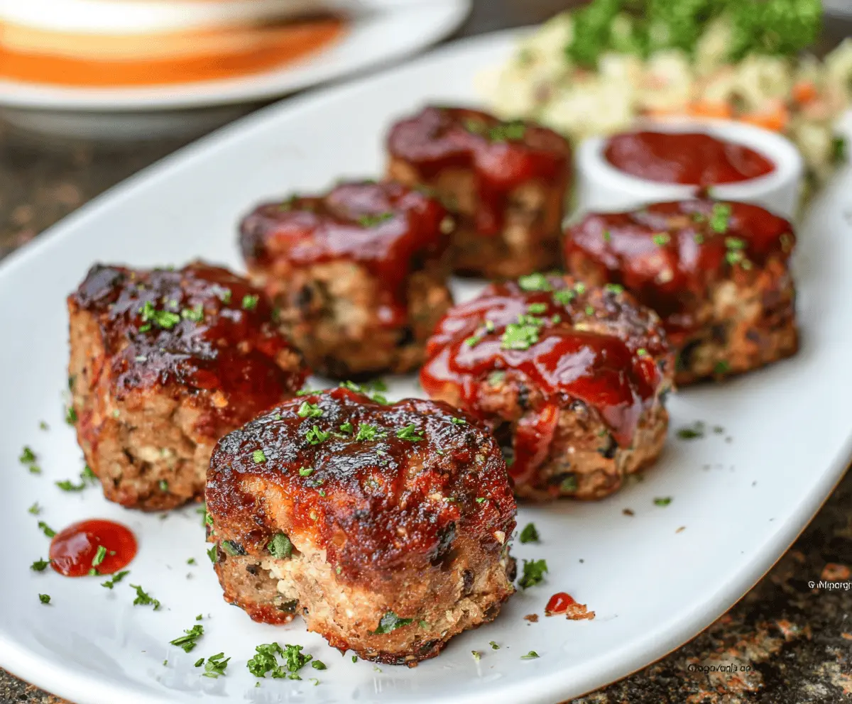 Delicious meatloaf bites served on a plate with garnishes, perfect for appetizer or snack.