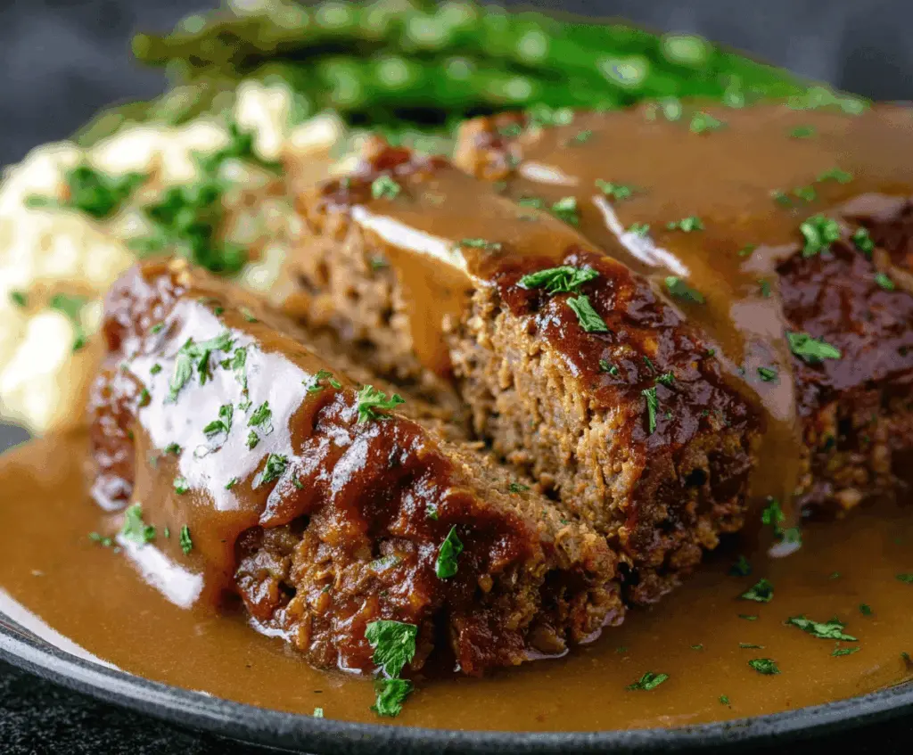Savory meatloaf topped with rich brown gravy served on a plate, ready to enjoy