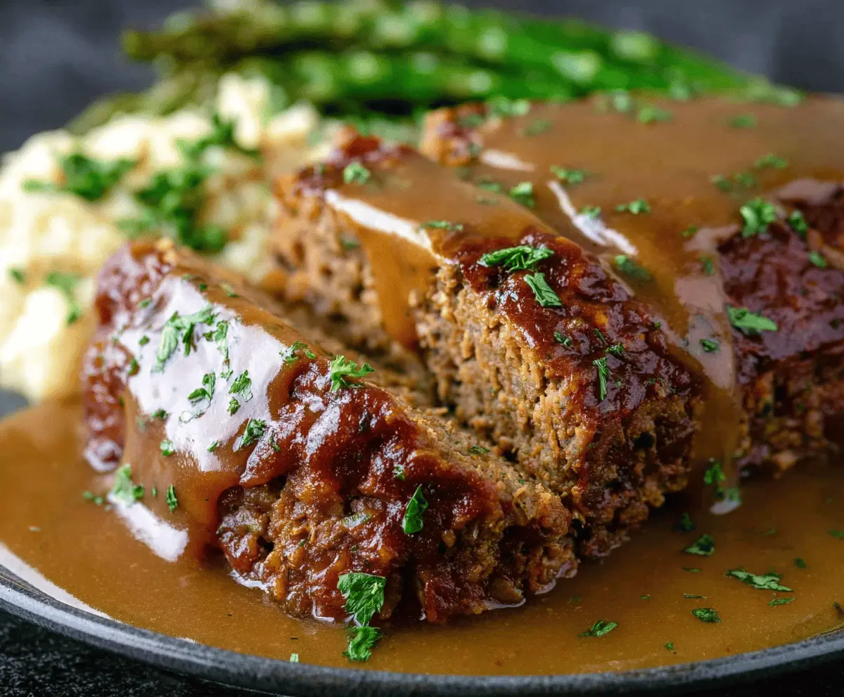 Savory meatloaf topped with rich brown gravy served on a plate, ready to enjoy