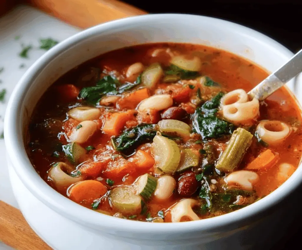 A bowl of hearty minestrone soup filled with vegetables, beans, pasta, and herbs, served hot in a rustic bowl.