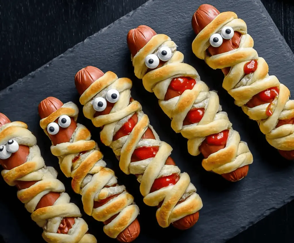 Creative Mummy Hot Dogs wrapped in crescent dough with spooky edible eyes, perfect for Halloween parties.