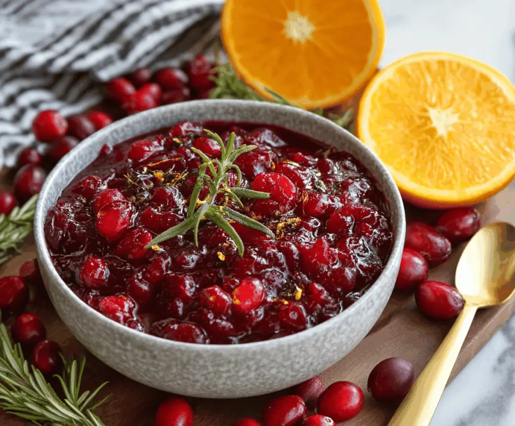Juicy orange cranberry sauce served in a glass bowl, perfect for holiday dinners.
