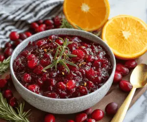 Juicy orange cranberry sauce served in a glass bowl, perfect for holiday dinners.