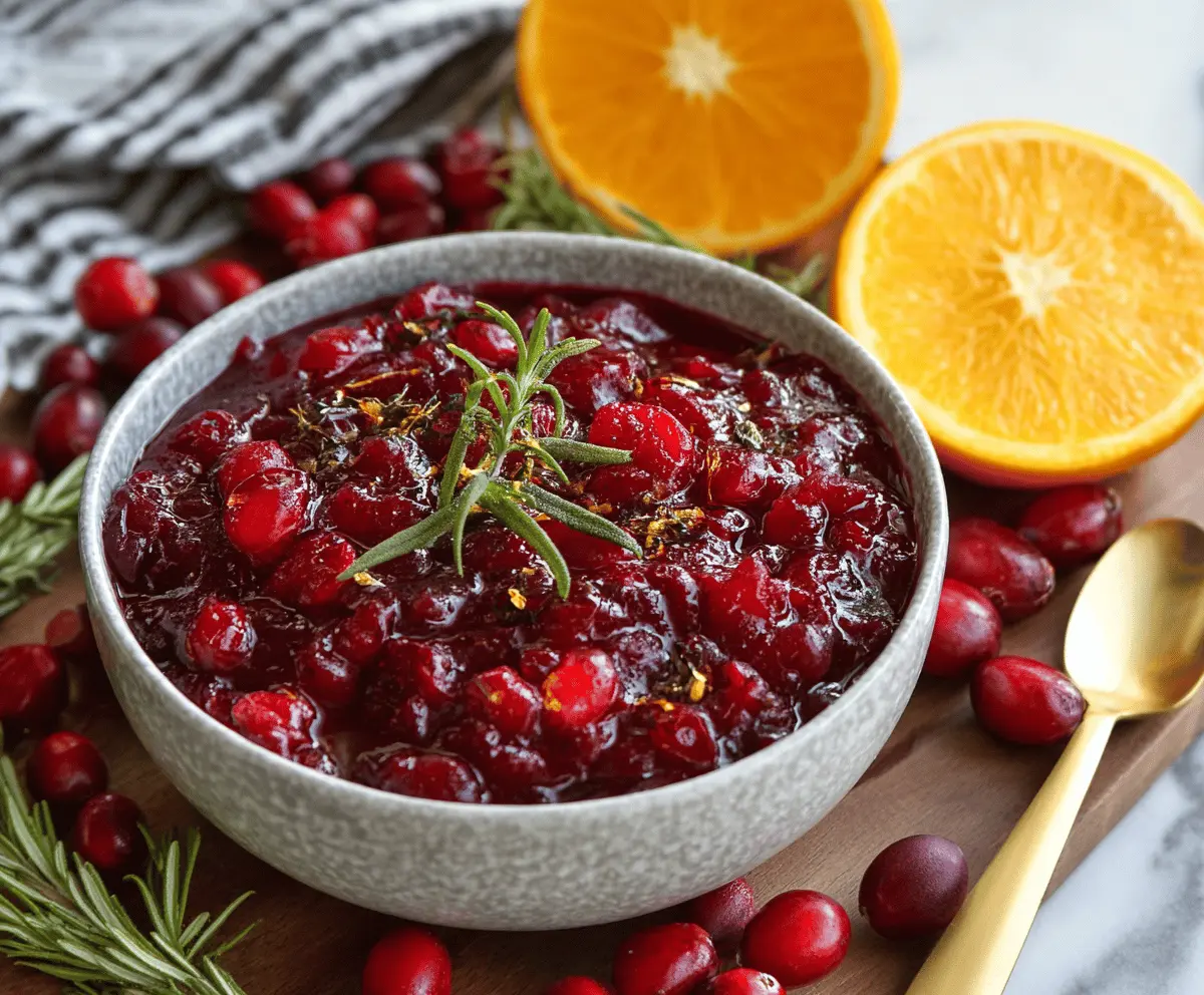 Juicy orange cranberry sauce served in a glass bowl, perfect for holiday dinners.